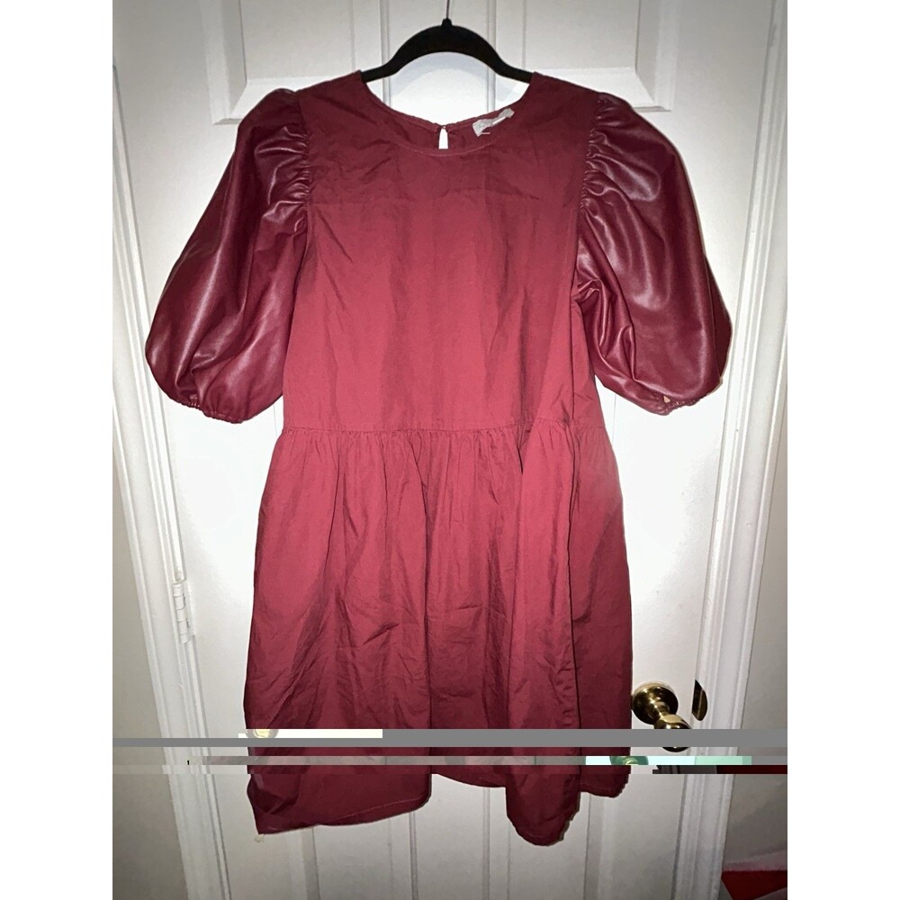 Mud Pie Womens M Burgundy Solid V-Neck Puff Sleeve A-Line Short Zip Dress